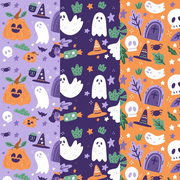 Colección de patrones de halloween dibujados a mano