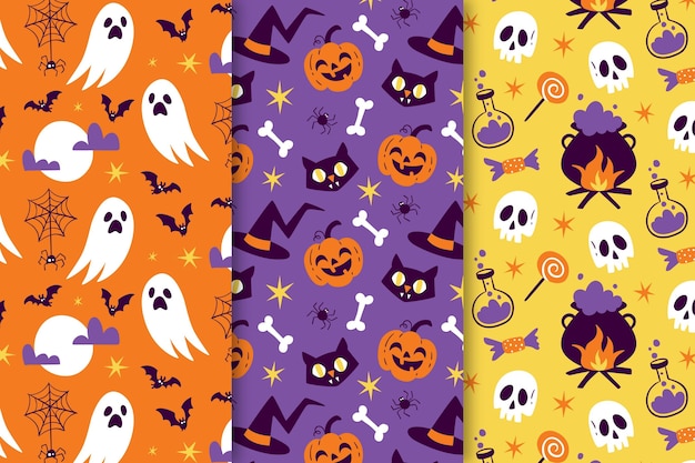 Colección de patrones de halloween dibujados a mano