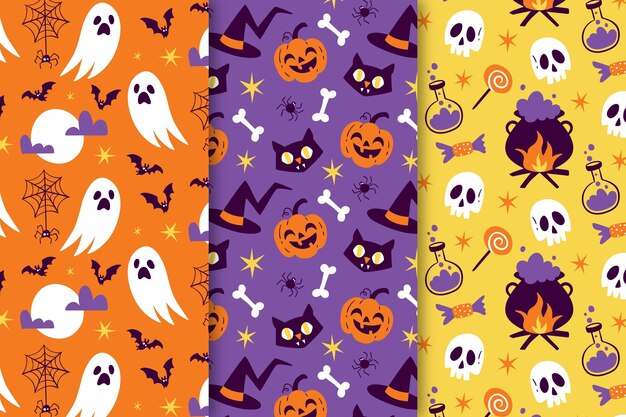 Colección de patrones de halloween dibujados a mano