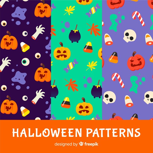 Colección de patrones de halloween en diseño plano