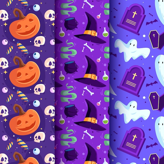 Colección de patrones de halloween de diseño plano