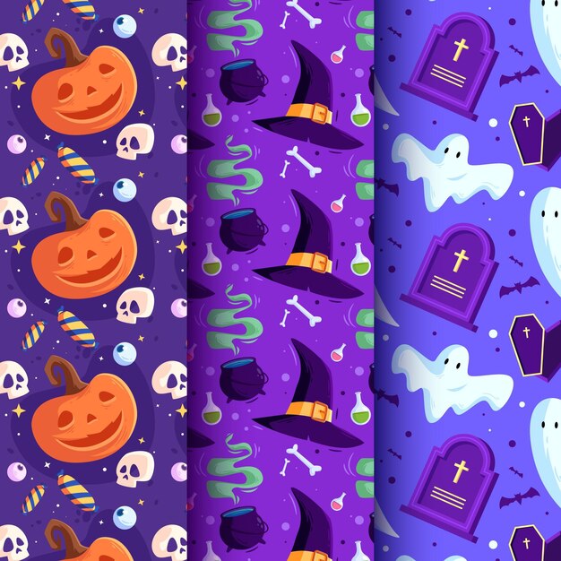 Colección de patrones de halloween de diseño plano