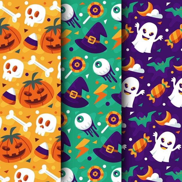 Colección de patrones de halloween de diseño plano