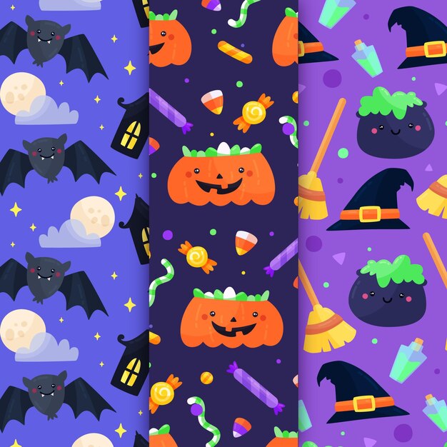 Colección de patrones de halloween de diseño plano