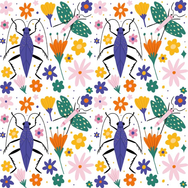 Colección de patrones de insectos y flores