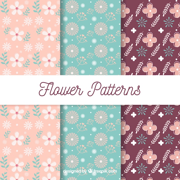 Colección de patrones de lindas flores en estilo plano