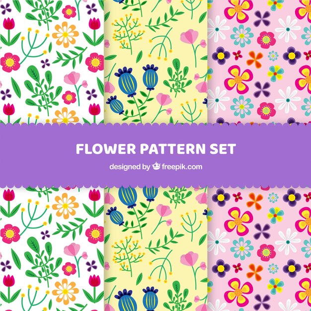Colección de patrones de lindas flores en estilo plano
