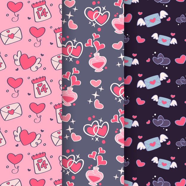 Colección de patrones lindos dibujados a mano de San Valentín