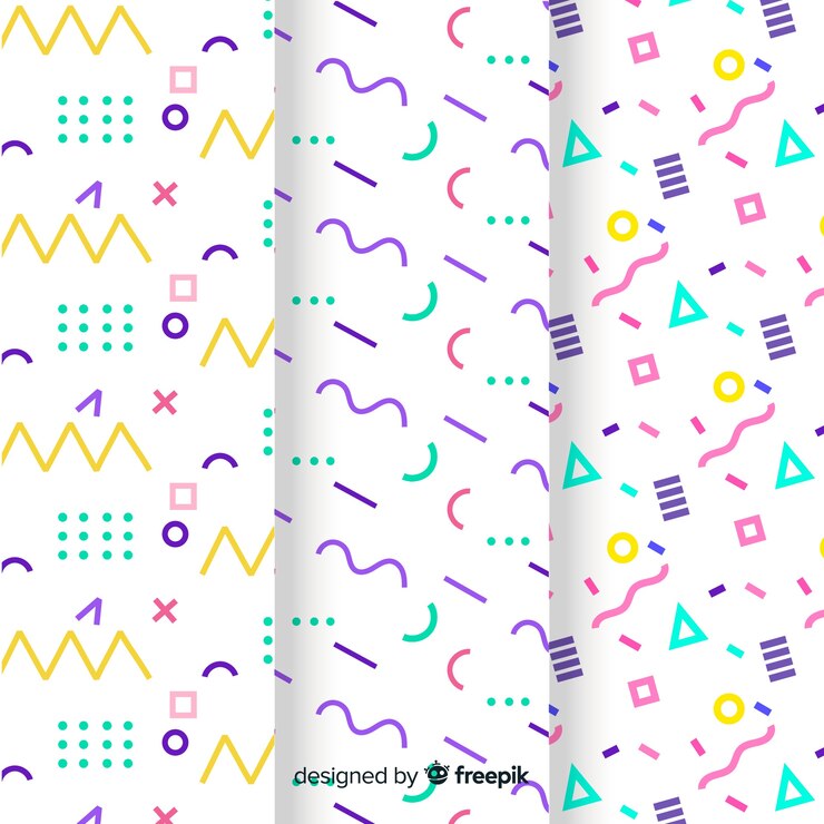 Vector gratuito colección de patrones de memphis con diferentes formas y colores.