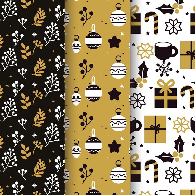 Colección de patrones navideños negros y dorados