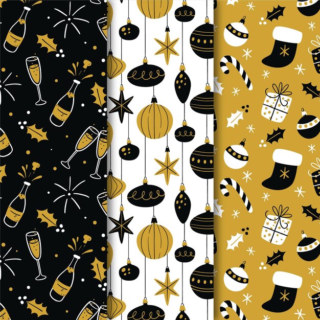 Colección de patrones navideños negros y dorados