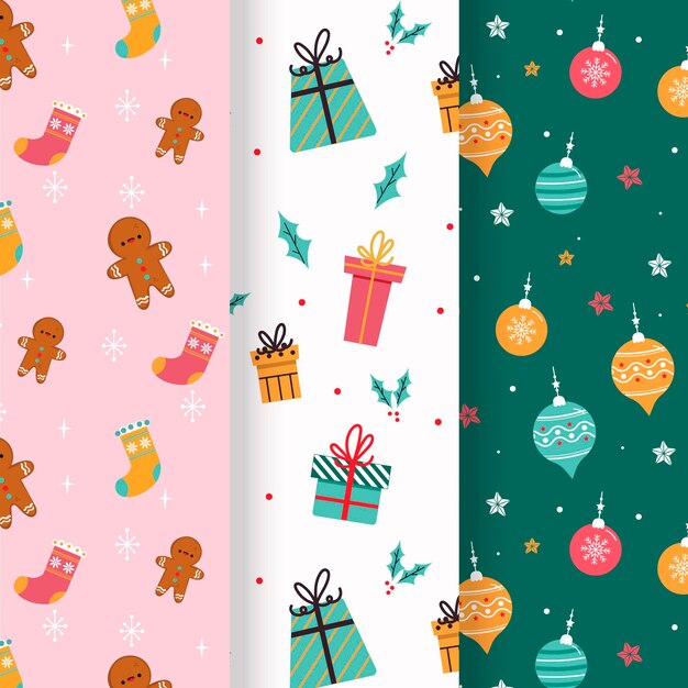 Colección patrones navideños planos dibujados a mano