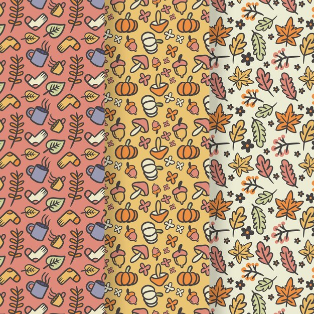 Colección de patrones de otoño dibujados a mano