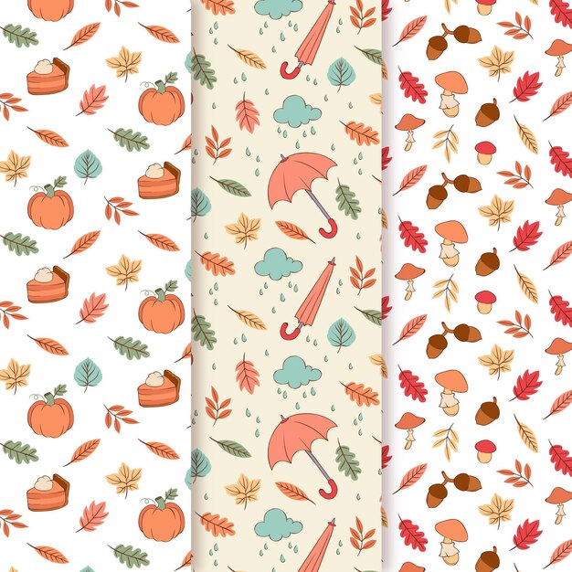 Colección de patrones de otoño dibujados a mano