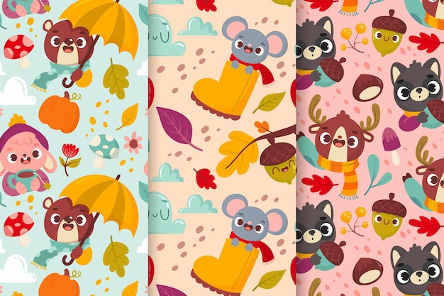 Colección de patrones de otoño de dibujos animados