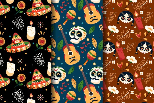 Colección patrones planos dia de muertos dibujados a mano
