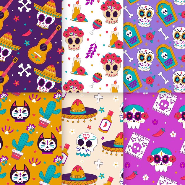 Colección patrones planos dia de muertos dibujados a mano