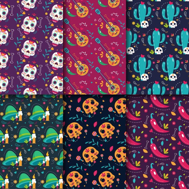Colección patrones planos dia de muertos dibujados a mano