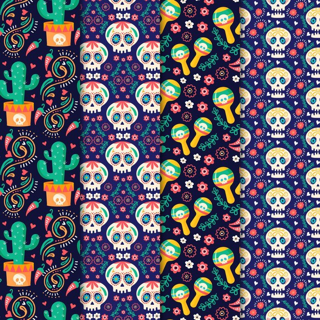 Colección patrones planos dia de muertos dibujados a mano