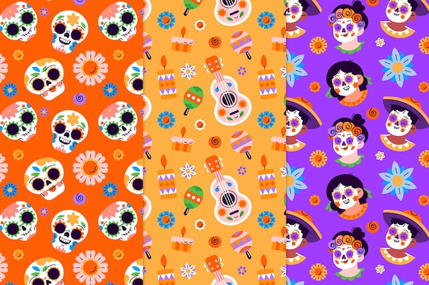 Colección patrones planos dia de muertos dibujados a mano