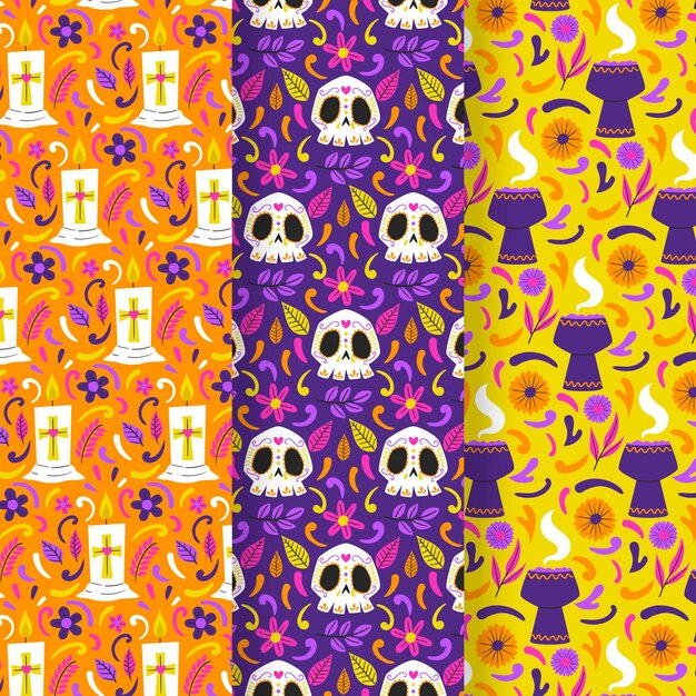 Colección patrones planos dia de muertos dibujados a mano