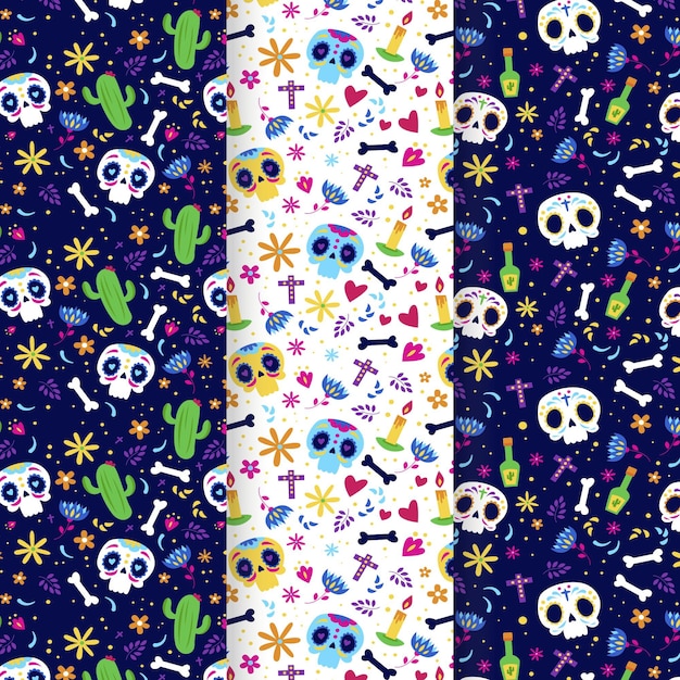 Vector gratuito colección patrones planos dia de muertos dibujados a mano