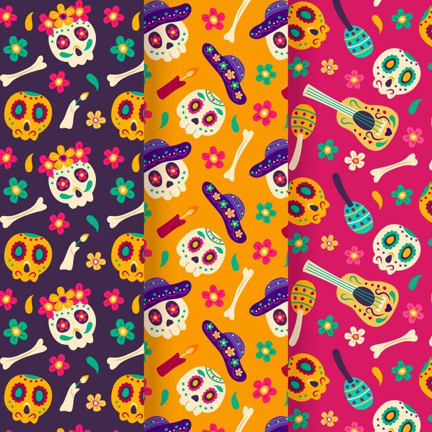 Colección patrones planos dia de muertos dibujados a mano
