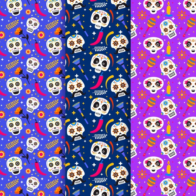 Colección patrones planos dia de muertos dibujados a mano