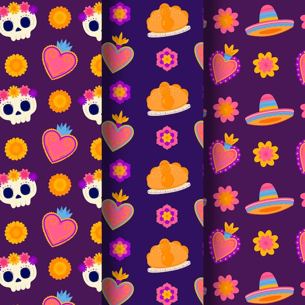 Colección patrones planos dia de muertos dibujados a mano