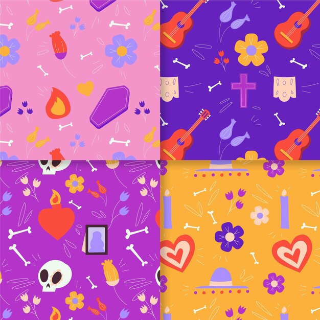 Colección patrones planos dia de muertos dibujados a mano
