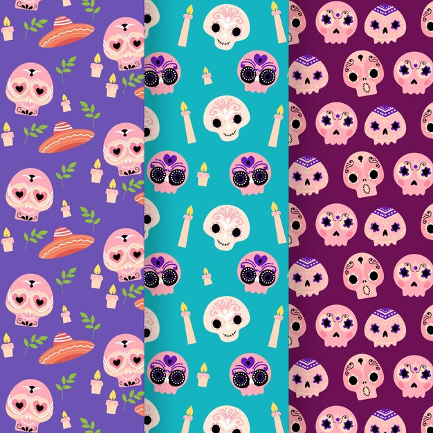 Colección patrones planos dia de muertos dibujados a mano