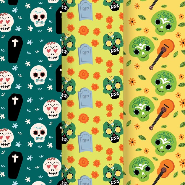 Colección patrones planos dia de muertos dibujados a mano