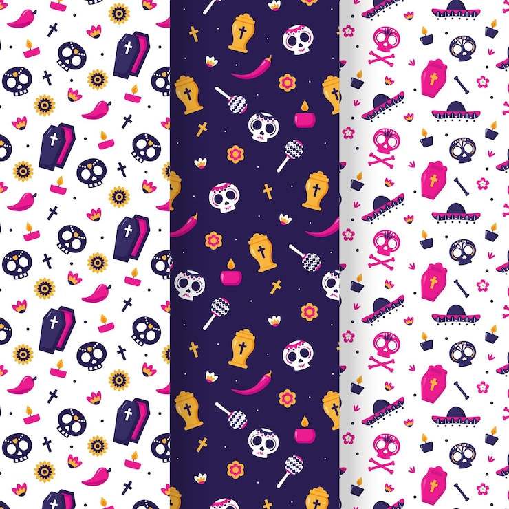 Vector gratuito colección de patrones planos dia de muertos