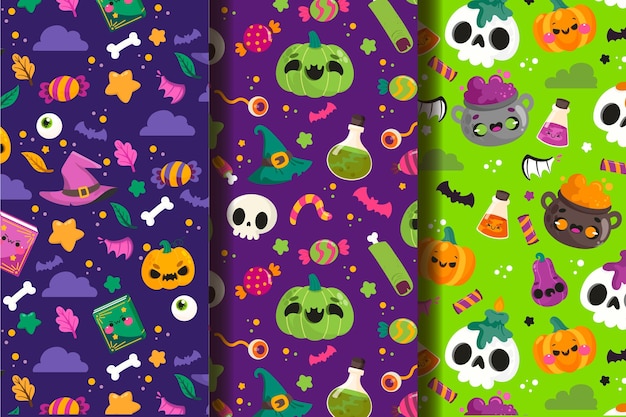 Vector gratuito colección de patrones planos de halloween dibujados a mano