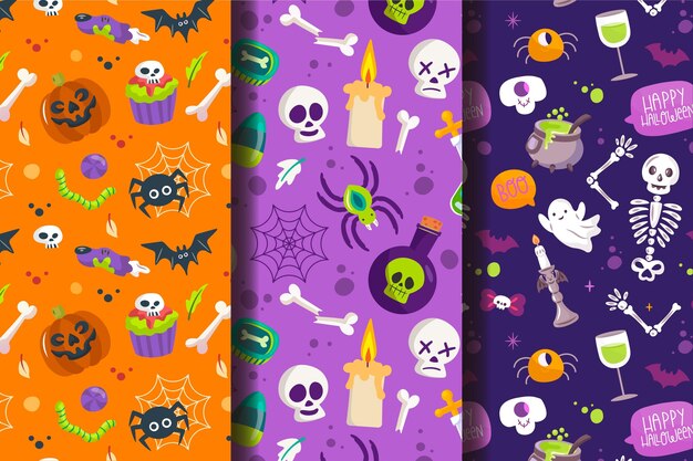Colección de patrones planos de halloween dibujados a mano