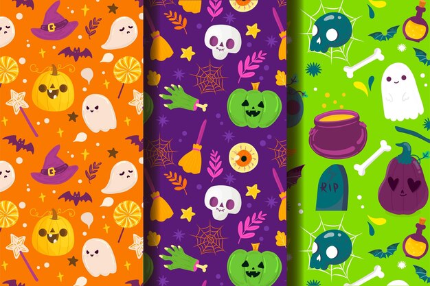 Colección de patrones planos de halloween dibujados a mano