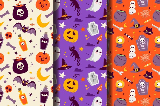 Colección de patrones planos de halloween dibujados a mano