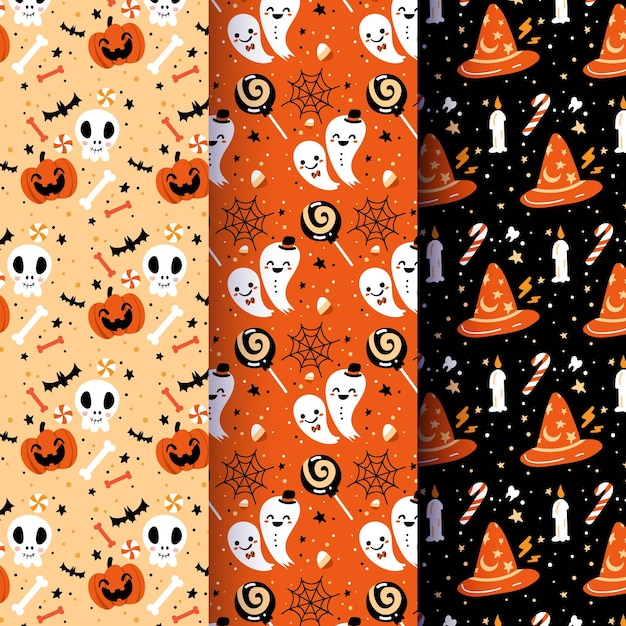 Colección de patrones planos de halloween dibujados a mano