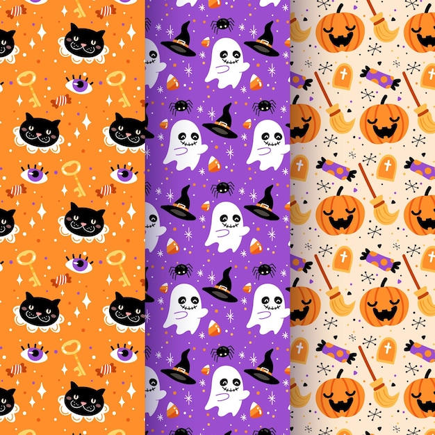 Colección de patrones planos de halloween dibujados a mano