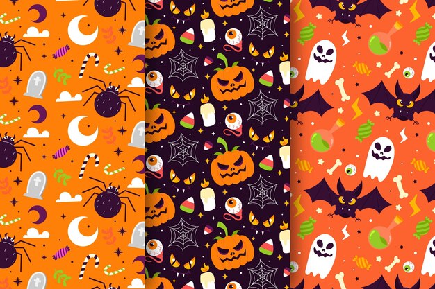 Colección de patrones planos de halloween dibujados a mano