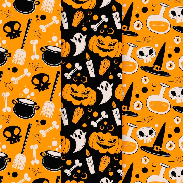 Colección de patrones planos de halloween dibujados a mano