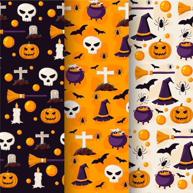 Colección de patrones planos de halloween dibujados a mano
