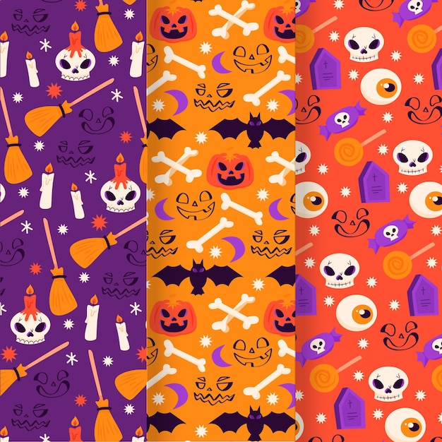 Colección de patrones planos de halloween dibujados a mano