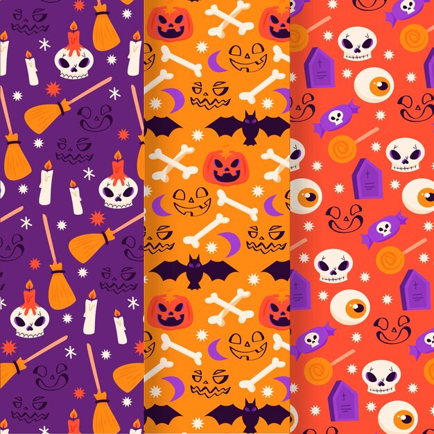 Colección de patrones planos de halloween dibujados a mano