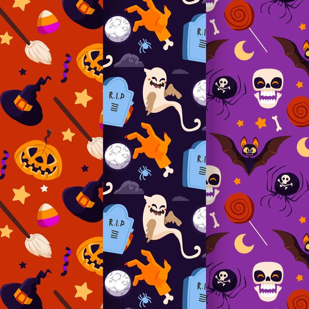 Colección de patrones planos de halloween dibujados a mano