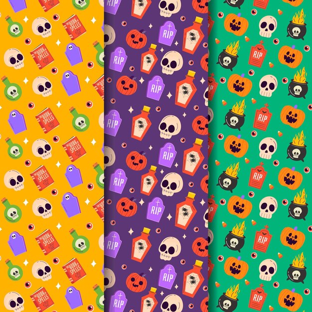 Colección de patrones planos de halloween dibujados a mano