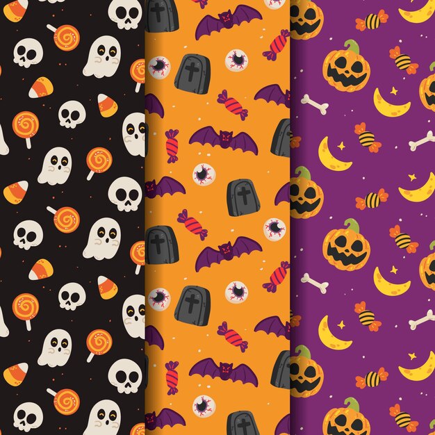 Colección de patrones planos de halloween dibujados a mano