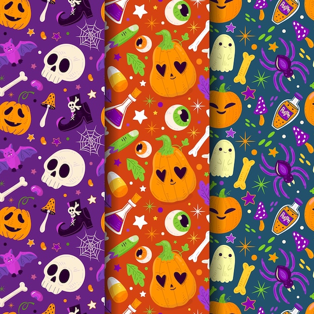 Colección de patrones planos de halloween dibujados a mano