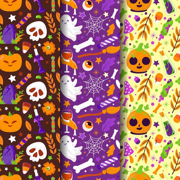 Colección de patrones planos de halloween dibujados a mano