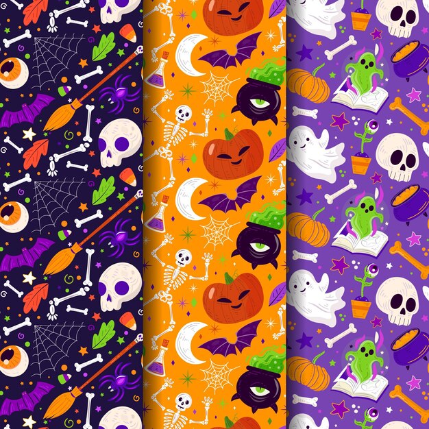 Vector gratuito colección de patrones planos de halloween dibujados a mano